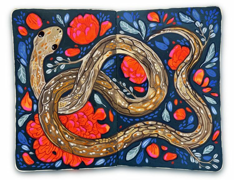 Double page de carnet illustrée par La Petite Ruse Le serpent aux pivoines