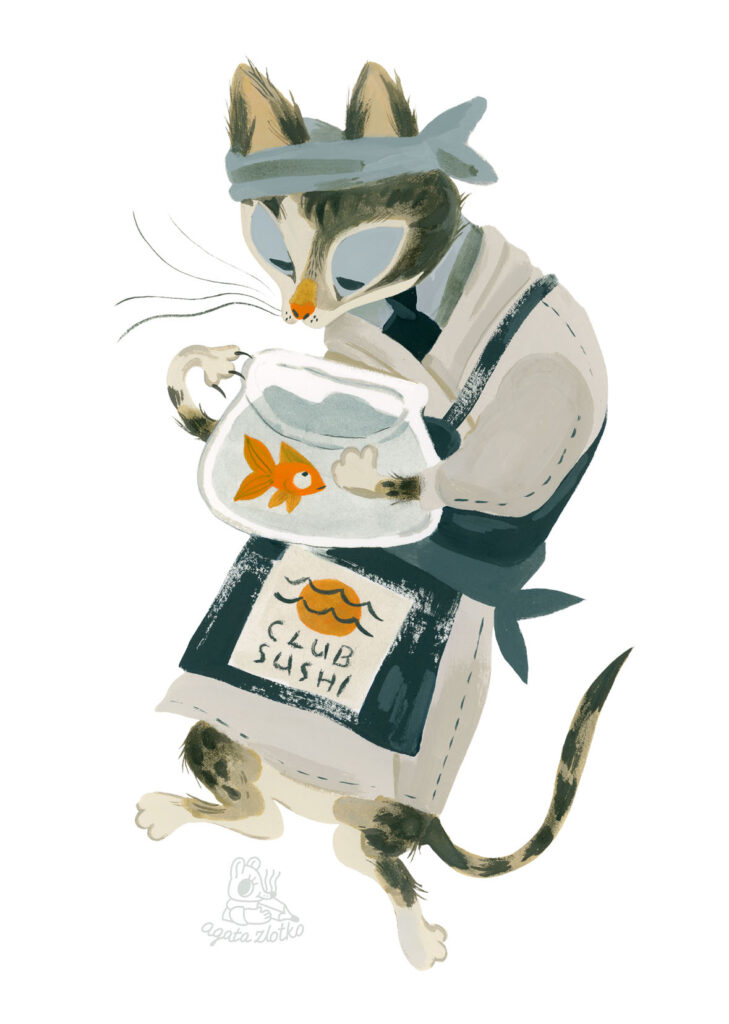 Illustration de chat avec sushis par Agata Zlotko