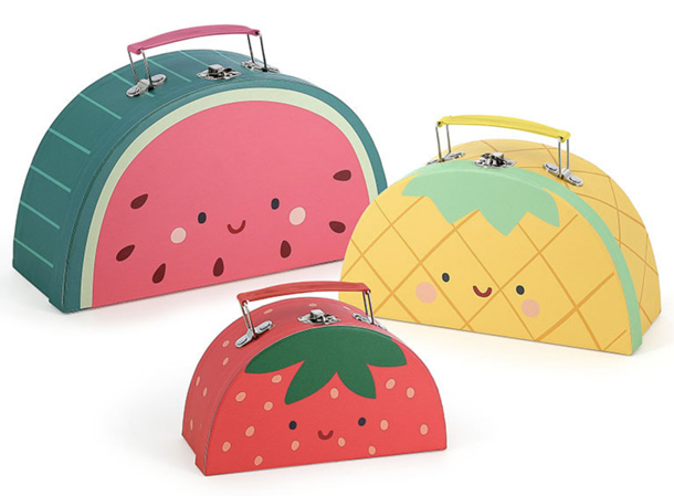 Sarah Betz illustratrice Cubeely, valises en carton fruits